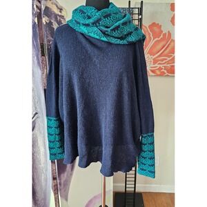 MLAY Baby Alpaca Navy Teal Embroidered Poncho Sweater Cowl Neck Women One Size
